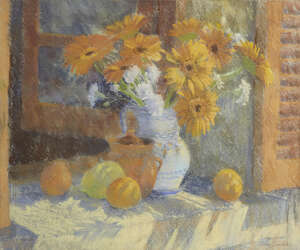 Jackie Simmonds, 
British b.1944-
 
Still life of flowers and fruit on a windowsill; 
 
pastel,...