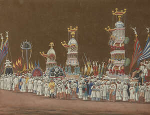 
	
		A Muharram procession, Benares or Patna, circa 1850, gouache on mica, mounted, glazed and...
