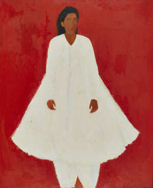 
	
		Aneela Majid,
		British b. 1963-
		 
		Woman in white;
		 
		oil on canvas, 183x152cm...