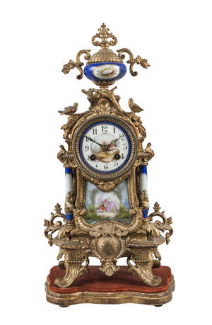 
	
		 
		A French gilt metal and Sevres style porcelain mantle clock, 19th century, the case...