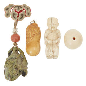 
	
		A Chinese turquoise pendant, late 19th century, carved as a gourd, with coral and seed...