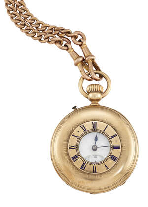 
	
		An late 19th/early 20th century gold demi-hunter case keyless pocket watch by Racine, the...