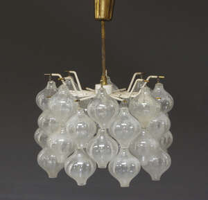
	
		A Continental painted metal and glass ceiling light fitting, circa. 1950-1960, the metal...