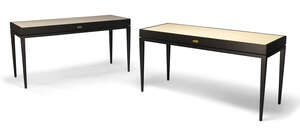 
	
		A near pair of contemporary ebonised console tables       
		c.2015    
		One table...
