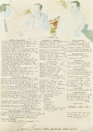 
	
		David Hockney OM CH RA, 
		British b.1937 - 
		 
		Langan's Brasserie Menu signed by...
