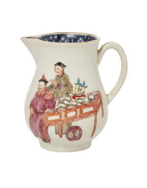 
	
		An English porcelain sparrow beak jug, probably Worcester, mid 18th century,  decorated...