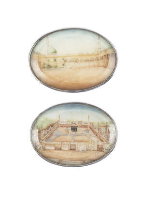 
	
		Two Delhi school miniature paintings on ivory of Medina and Mecca, India, circa 1880, of...