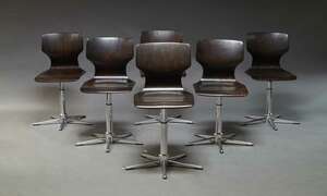 
	
		Adam Stegner for Pagholz Flototto, a set of six pagwood chairs c.1970s, on steel swivel...