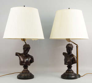 
	
		A pair of bronze lamps, late 20th century, in the Grand Tour taste, the marble bases...