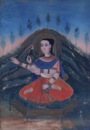 
	
		A pair of portraits of two Indian seated ladies, India, 19th century, reverse painting on...