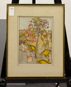 
	
		M Driscoll, 
		British 20th/21st century- 
		 
		The Queen of Hearts catching her...