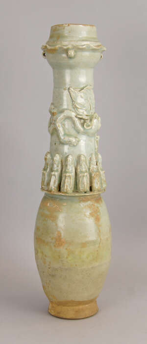 
	
		A large Chinese celadon funeral vase,  Song Dynasty or later, with lines of figures to...