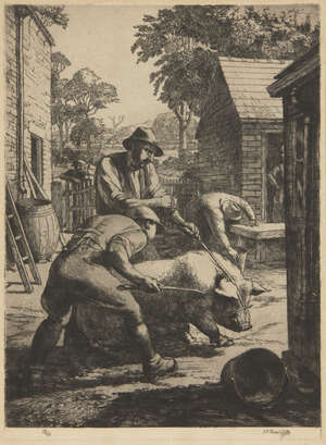 
	
		Charles Frederick Tunnicliffe RA,
		British 1901-1979-
		 
		Moving the Pig,...