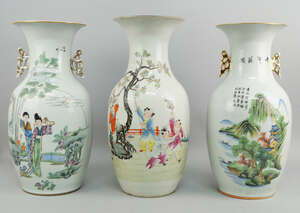 
	
		Three Republican period Chinese porcelain vases, 20th century, decorated with scenes of...