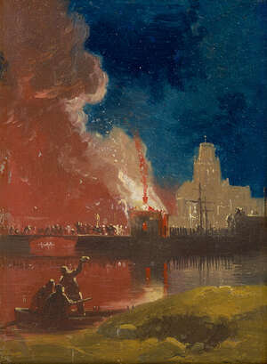 
	
		James Baker Pyne RBA, 
		British 1800-1870- 
		 
		The Burning of Bristol; 
		 
		
