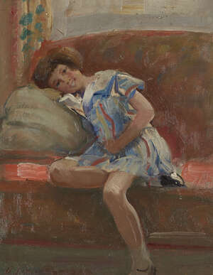 
	
		Harry John Pearson, 
		British 1872-1933 - 
		 
		Portrait of a young girl seated on a...