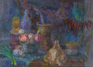 Noe Nesterovich Gedenidze, 
Russian 1914-2002- 
 
Still life for Satsivi, 1976; 
 
oil on canvas,...