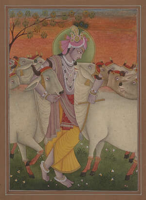 
	
		A modern painting of Krishna and the cows, India, 20th century, opaque pigments...