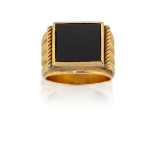 A French gold and onyx signet ring, the square-shaped black onyx bezel with ropework and fluted broad tapering shoulders, c.1945, French assay mark to hoop, ri