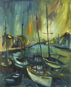 
	
		James Lawrence Isherwood, 
		British 1917-1989-
		 
		Weymouth Harbour; 
		 
		oil...
