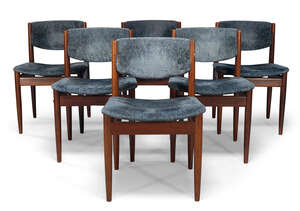 
	
		Finn Juhl (Danish 1912-1989), a set of six teak 'model 197' dining chairs for France &...