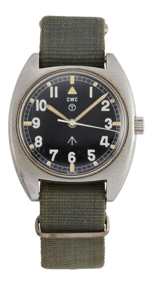 
	
		A 1970s stainless steel, British military issue W 10 wristwatch by CWC, the black enamel...