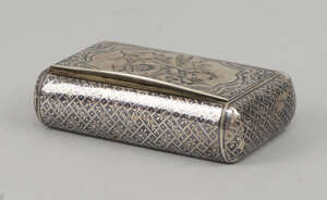 
	
		A niello snuff box, the hinged cover with musical trophies, apparently unmarked, approx...