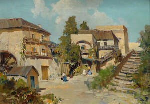 
	
		Manner of Petr Pterovic Belousov, Russian 1912-1989- View of a farmyard; oil on canvas,...