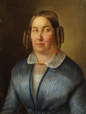 
	
		German School, late 19th/early 20th century- Portrait of a woman with coral drop earrings...