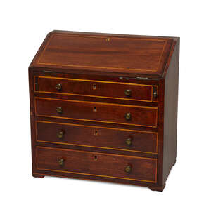 
	
		A George III mahogany and boxwood strung miniature bureau, late 18th/early 19th century,...