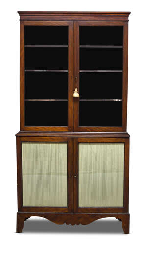 
	
		A Regency mahogany bookcase, the moulded cornice above two glazed doors, enclosing three...