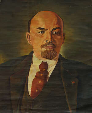 
	
		A large painted portrait of Lenin, 20th century, oil on canvas, 135 x 109cm, together...
