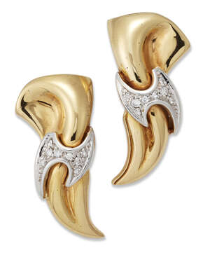 
	
		A pair of Italian, diamond earrings, each of scroll design with central pave diamond...
