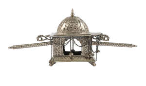 
	
		RTOA silver repousse palaquin with later dedicatory inscription to bottom, India, 20th...