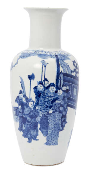 
	
		A Chinese porcelain baluster vase, 18th/19th century, painted in underglaze blue with an...