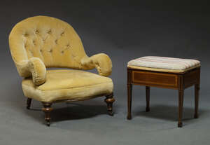 
	
		A Victorian button back nursing chair, the rounded back with curved armrests, upholstered...