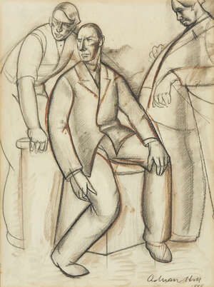 
	
		Adrian Hill, 
		British 1895-1977- 
		Three Men, 1940;
		 charcoal, signed and dated,...