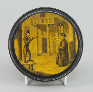 
	
		A Continental papier mâché circular box, probably German, mid-19th century, the cover...