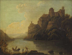 
	
		German School, 
		late 18th century- 
		 
		Fisherman by a river shore across from a...