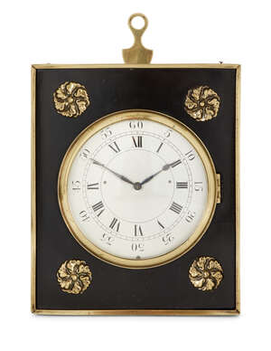 
	
		An early Victorian brass mounted ebonised framed timepiece, c.1840, the silvered dial...
