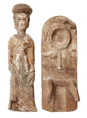 A Chinese pottery female figure and associated pottery stand, Tang dynasty, the figure stands with right foot raised, with painted eyes and traces of pigment t