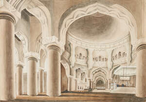 The interior of the palace at Madura, with the District Collector conducting business, Company...