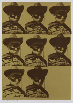 
	
		Paul Insect,
		British b.1971-
		 
		Multiple Mugshot (gold), 2006;
		 
		screenprint in...