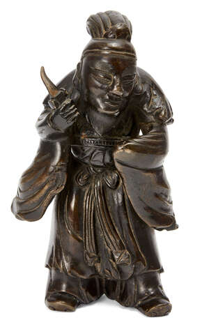 
	
		A Chinese bronze figure, 20th century, depicting a robed man holding a dagger, 21cm...