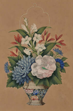 
	
		A 19th century Chinese Export print with hand painting, depicting flower arrangement in a...
