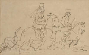 James Howe, 
		Scottish 1780-1836- 
		 
		Couple on horseback with a dog; 
		 
		pen and brown ink, signed, 24x39.2cm 
		 
		Provenance: the private 