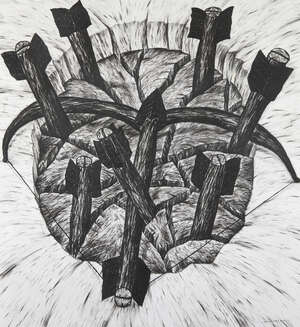 
	
		Edward Summerton RSA, 
		Scottish b.1962- 
		
		Shield, circa 1987; 
		 
		charcoal,...