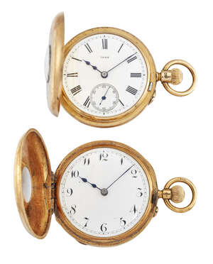 
	
		Two 18ct gold demi-hunter case keyless wind fob watches, the first with white enamel dial...