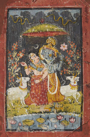 
	
		Krishna and Radha dancing in the rain with cows, Rajasthan, circa 1800, opaque pigments...