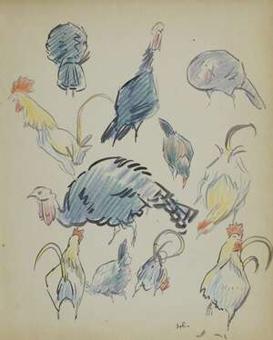 
	
		Ludovic Rodo-Pissarro, French 1878-1952- Studies of figures and chickens; ink, pencil,...